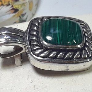 Estate square Malachite rope bezel square Sterling Silver Mexico Pendant #19569